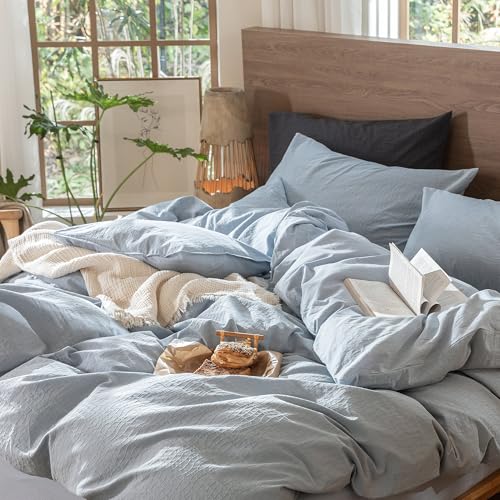 Image of MooMee Wavy Striped Duvet Cover Set 100% Washed Cotton Linen Like Textured Breathable Durable Soft Comfy (Cornflower Blue, King 104 inchx90 inch)