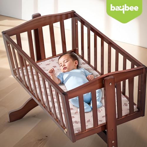 Image of Baybee Bumble Wooden Cradle for Baby | Baby Swing Cradle with Swing Lock Function, Infants Bassinet for New Born Babies with Fabric Wrapped Base | Wooden Kids Bed Crib for Babies Boy Girl (Deep Brown)