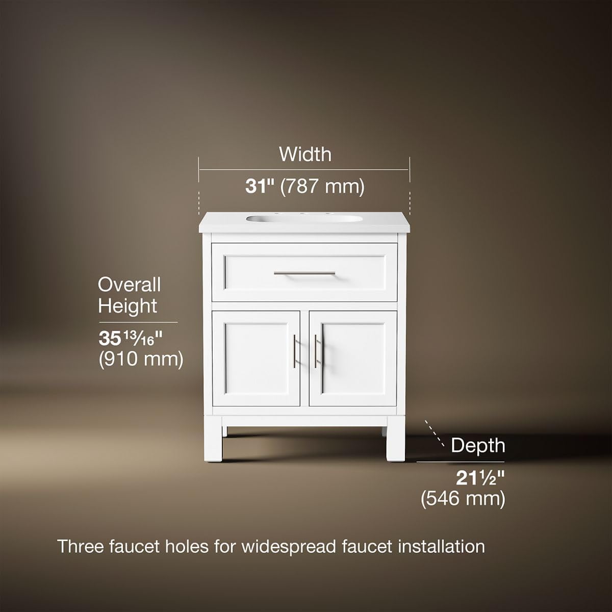 Kohler Quo 30 Inch Bathroom Vanity Cabinet with White Sink and Quartz Top, Modern Bathroom Storage, White, K-28380-ASB-0