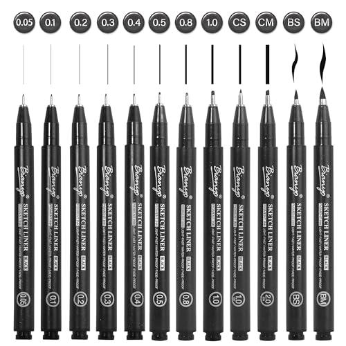 Bianyo Black Art Pen Set - 12 Assorted Sizes Fine Line Drawing, Upgraded Pigment Ink, Water-Resistant Archival Pens for Artists, Crafters, and Journaling
