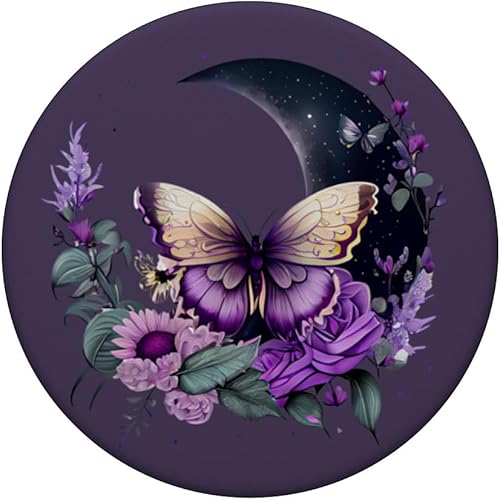 Miniatura 3 de PopSockets PopGrip intercambiables con diseño de mariposa y lavanda de luna creciente en color morado oscuro