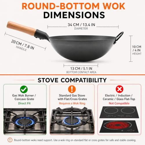 Image of WANGYUANJI 13.4 Inch Round Bottom Carbon Steel Wok, Nitrided Iron Chinese Stir Fry Pan for Gas Wok Burner, Wok Ring Needed for Flat Gas Grates, Wooden Handle