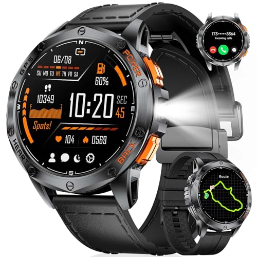HIRREO DM1 GPS Smart Watch for Men, LED Flashlight/Compass/45 Days Battery/IP68 Waterproof 1.43'' AMOLED Smartwatch, 100+ Sports Modes Fitness Tracker, Running Smart Watches for Android iOS, Black