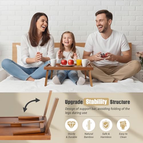 Image of Large Bed Table Tray with Support Bar and Foldable Legs, Bamboo Breakfast Food Trays Table for Bed Sofa Eating and Laptops, TV Lap Tray Table on Couch (Applied for Invention Patent)