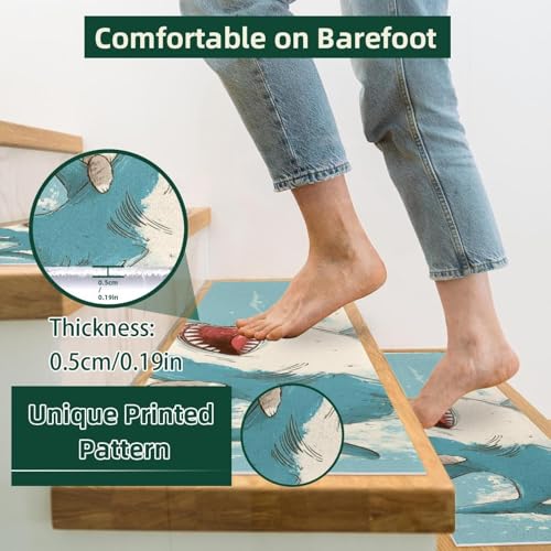 Tapis d'escalier antidérapants pour marches bois chat requin 76 cm