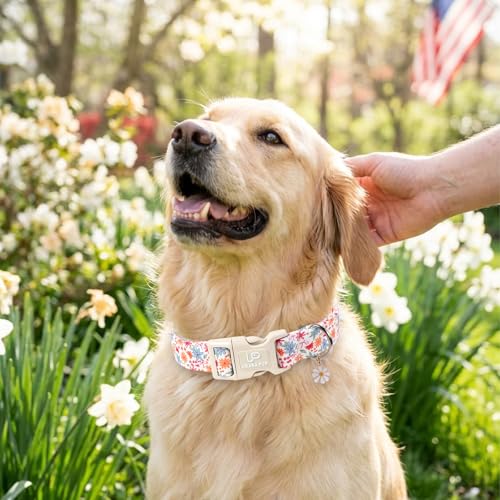 Image of Floral Cotton Dog Collar,Summer Flower Print Dog Collar, Soft Adjustable Puppy Collars with Flower Charm & Quick Release Buckle for Small Medium Large Dogs