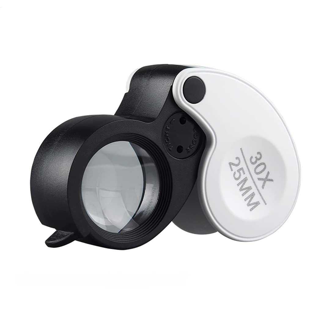 30-fache Mini-Lupe, handklappbar, Taschenlupe mit LED-Leuchten, beleuchtete Juwelierlupe, Lupe zum Löten, Inspektion, Münzen, Schmuck, A, Vergrößerungsglas (WHI