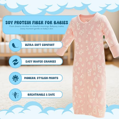 Image of Babysoy Unisex Baby Long Sleeve Gown Sleep Sack, Ultra Soft Nightgown, Newborn Reversible Mittens