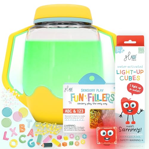 Image of Glo Pals Play Pack Bundle with Sensory Play Jar, Water-Activated Light-Up Cubes, and Fun Fillers - Sensory Toys for Toddlers - Sensory Toy Kit with Light Up Cubes for Bathtub - Easy as ABC
