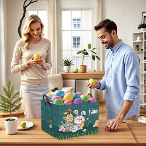 Image of Large Cute Easter Basket for Kid Empty Gift Baby Rectangle Storage Bin Bunny Eggs Boy&Girl Room Decor (Rabbit Blue)