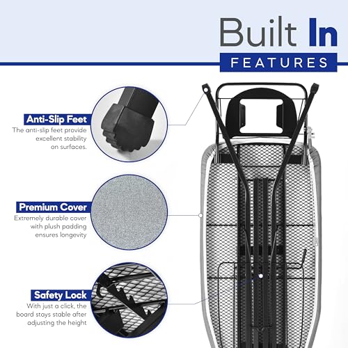 BKTD Extra-Wide Ironing Board – 48"×18" Large Surface (57" w/Iron Rest) • Built-in Clothes Rack, Hanger & Cord Holder • Heat-Resistant Cover • Heavy-Duty, No Wobble • Adjustable Height • Black Grey. | Built-in Hanger, Cord Holder, Heat-Resistant Cover, Adjustable Height, Safety Lock, Black Grey - Image 5