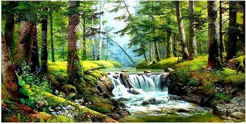 Peinture à l'huile sur toile grand format 65x130cm paysage ruisseau forestier de qualité