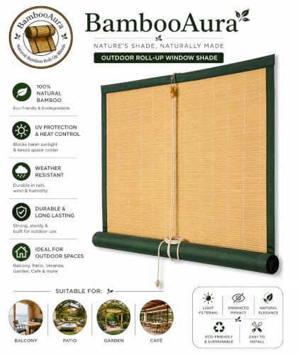 Image of BambooAura Natural Bamboo Roll-Up Window Shade Blind | Light Filtering Bamboo Chick Curtain | Eco-Friendly Sun Protection (4ft x 7ft - W x H) (Natural Beige with Dark Green Border, (5ft x8ft -W x H))