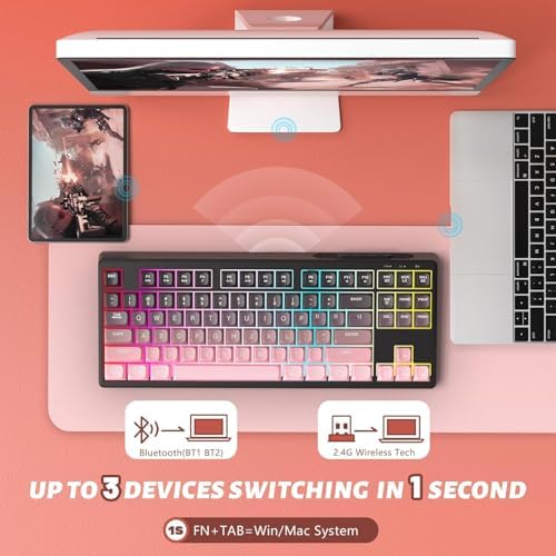 ATTACK SHARK M87 80% Wireless Gaming Keyboard,87 Keys Rainbow Lights TKL Mechanical Feeling SA PBT Keyboard for Mac/Win, Bluetooth 5.0/2.4Ghz Dual Mode Pc Keyboards for Office/Gaming Blackpink - 2