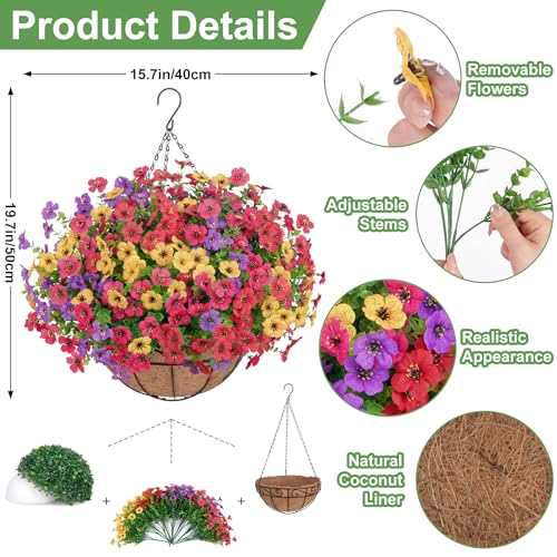 Image of Bassion Artificial Hanging Silk Flowers for Outdoors with Basket, Mixed | Fake hanging plants with basket, silk daisy flowers, UV resistan, for porch balcony patio home spring summer decoration