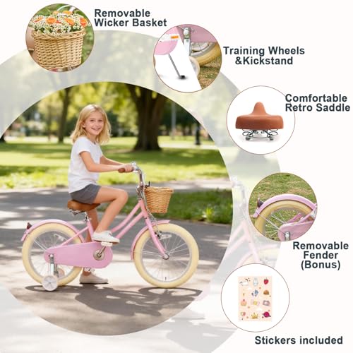 Image of Glerc Little Molly 12-20 Inch Kids Retro Cruiser Bike for 2-13 Year Old with Wicker Basket & Training Wheels /Kickstand, Multiple Colors