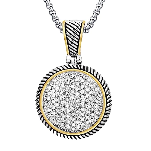 UNY JEWEL Jewelry Make a Statement With Our Two Tone Twisted Cable Wire Round Circle Enhancer Pendant Featuring Pave Rhinestone 2mm Box Chain 45cm + 5cm Extension