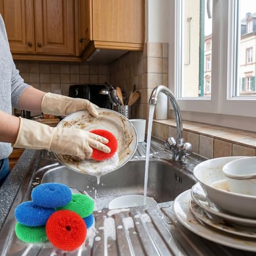 Image of Blulu 15 Pcs Plastic Dish Scrubbers for Dishes Pot Round Nylon Pad, Mesh Scouring Non Scratch Pads (Rainbow Colors)