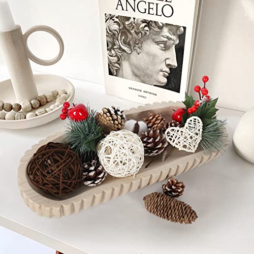 Wooden Decorative Dough Bowl For Decor, Long Dough Bowl With Hand Carved Vertical Stripes, Home Decor For Dining Table Center, Wooden Bowls For Farmhouse Boho Rustic Decor (16.3"X 6" Light Wood Color) #TOP4