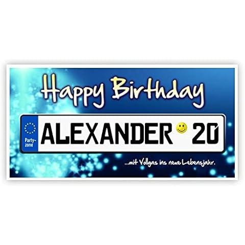 Herz & Heim® Geburtstagsbanner 0,80x1,60m mit Namen u. Alter im blauen Kennzeichen Cover