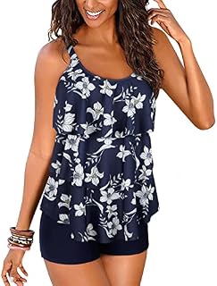 DOULAFASS Women Ruffle Tankini Set with Boyshort 2 Piece Plus Size Swimsuit Swimwear