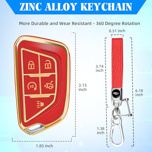 Image of QBUC for Cadillac Key Fob Cover with Leather Keychain (Gold Trim Red) | Soft TPU Protection Case Compatible with 2020-2026 Cadillac Escalade Lyriq Optiq 5-Buttons