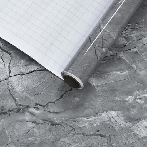 Gray Marble Contact Paper for Countertops Cabinets 16x354inch Glossy Marble Peel and Stick Wallpaper Self-Adhesive Removable Waterproof Vinyl Wrap for Bathroom Kitchen Counter Top Modern Decor