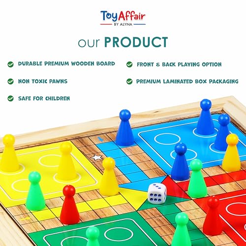 Image of Toyaffair Wooden Board Game Set - Ludo, Snakes & Ladders, Checkers, Chess, and Tic Tac Toe -Multi Game Board for Kids and Adults, Portable Family Fun Game (5 in 1 Wooden Board Game)