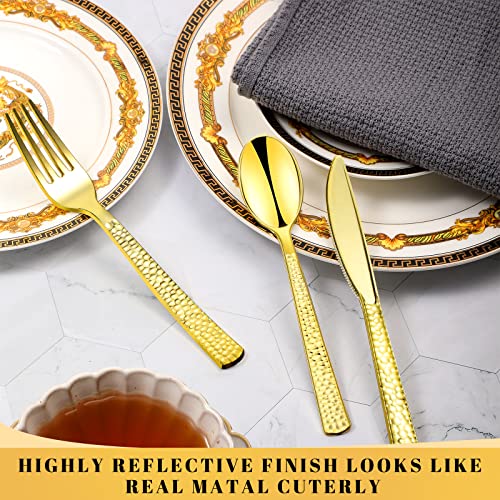 900 Pcs Plastic Gold Cutlery Set Disposable Plastic Gold Silverware Include 300 Gold Forks, 300 Gold Knife, 300 Gold Spoons Utensils Guest Flatware Set For Dinner Birthday Party Weddings Supplies #TOP2