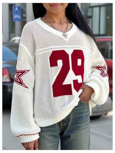 Girl's Y2K Sheer Crochet Sweater Star Number Graphic V Neck Long Sleeve Knit Pullover Sweaters4
