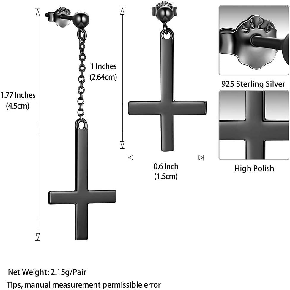 Mens Inverted Cross Earrings Solid 925 Sterling Silver Fine Jewelry Asymmetric Upside Down Cross Earrings St. Peter Satanic Earrings Piercing Clip On Earrings Gothic Jewelry Christmas Jewelry Gift Thanksgiving Day Women Girls