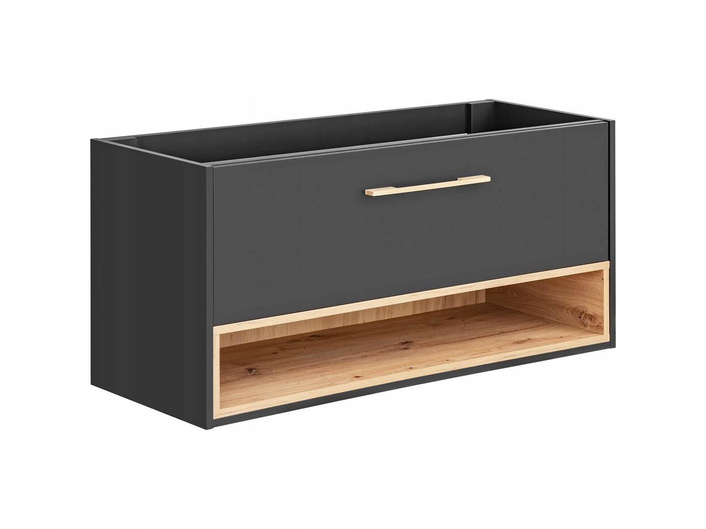 Mobile da bagno sospeso per lavabo da 120 cm, con cassetto e mensola, color grafite opaco/rovere – mobile da bagno