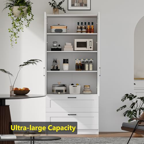 Image of White Tall Kitchen Pantry Cabinet Organizers and Storage with Doors and Drawer and Adjustable Shelves,Wood Large Gabinetes Para Cocina Office Bookshelf for Laundry Room Cabinets (31.5 inchW*15.7 inchD*71 inchH)