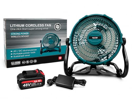 Image of KAITO 11 Inch Lithium Cordless Portable Fan with Variable Speed Regulator, AC /DC Dual Purpose, Overheat & Overload Protection, 48V Li-Ion Battery Included
