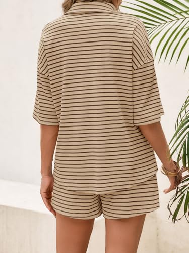 Tankaneo Womens Striped 2 Piece Sets Short Sleeve Button Down Shirt and Shorts Waffle Knit Pajama Lounge Set Summer Outfits3