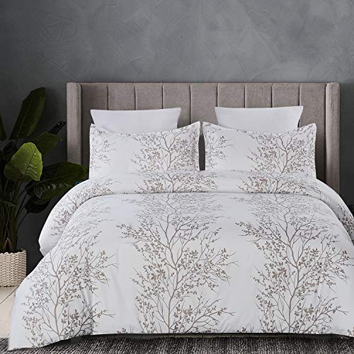 YEPINS Juego de funda de edredón de microfibra suave con cierre de cremallera, diseño floral y rama, 3 piezas (1 funda de edredón y 2 fundas de almohada), blanco y marrón, tamaño King Cover