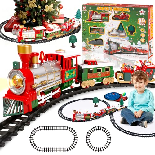 YGVQN Comboio elétrico de Natal com luzes e som, locomotiva a bateria com 3 vagões, ferrovia para crianças brinquedo fácil de montar, decoração de Natal e presente brinquedo para crianças de 3+ anos