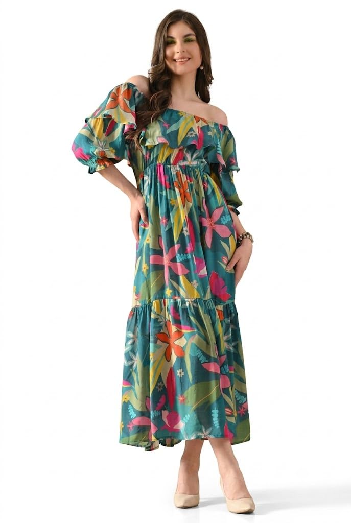 kuber enterprise Dress for Women's | Pure Rayon Fabric Floral Printed Off-Shoulder Ankle-Length with Ruffled Sleeve Western Maxi Dress-picture-52