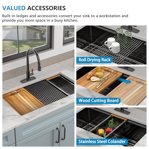 Image of 33 Undermount Kitchen Sink Black - Fulorni 33 inchx19 inch Kitchen Sink Ledge Workstation Gunmetal Black NANO-PVD 16 Gauge 304 Stainless Steel Under Counter Single Bowl Basin
