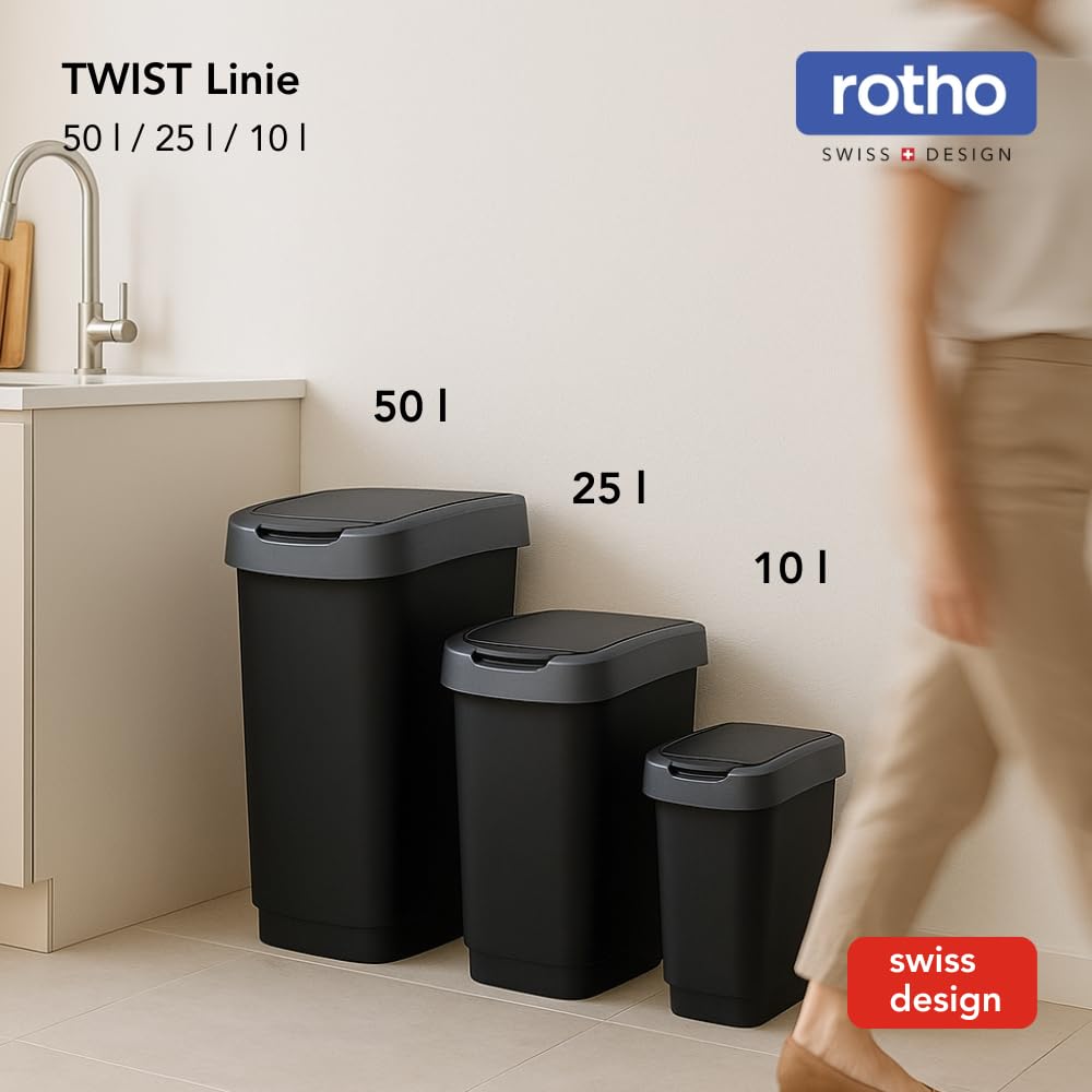 Rotho Twist 3er-Set Mülleimer mit Deckel 10l, 25l & 50l | Ideales Einsteigerset Küche, Bad | mit Schwingdeckel und Klappdeckel | schmal & platzsparend | leicht zu reinigen | schwarz/silber
