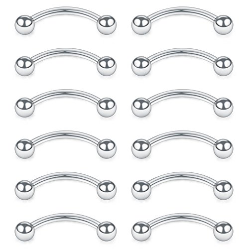 SCERRING 12PCS Stainless Steel Curved Barbell Eyebrow Tragus Helix Ear Belly Lip Ring Body Piercing Jewelry with Balls 16G 8mm