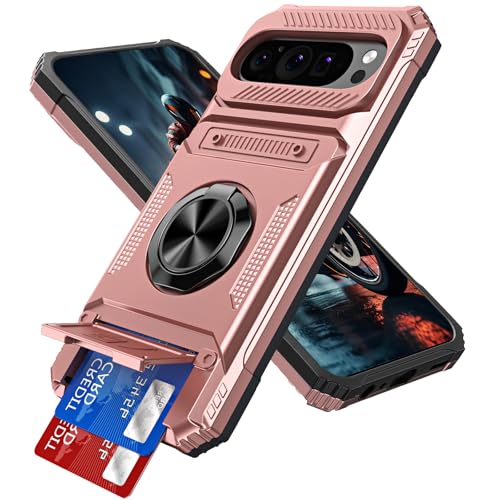 Coque Google Pixel 9 et 9 Pro antichoc avec porte-carte caché et anneau rose rose