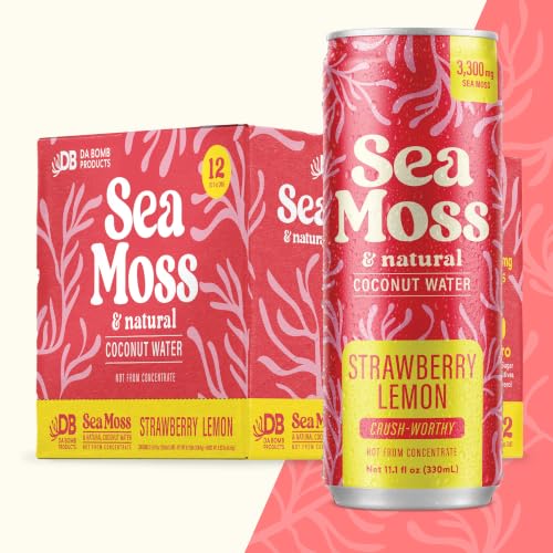 Da Bomb Sea Moss Coconut Water Drink, Strawberry Lemon, 12 Pack, 11.1 fl oz Cans, 3,300 mg Sea Moss, Electrolytes, No Added Sugar, Non-GMO, Dairy Free, Gluten Free