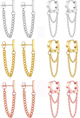 Casdan 6 Pairs Chain Dangle Earrings For Women Rose Gold Sliver Minimalist Bar Stud Earrings Small Huggie Hoop Piercing Earrings Set #TOP30