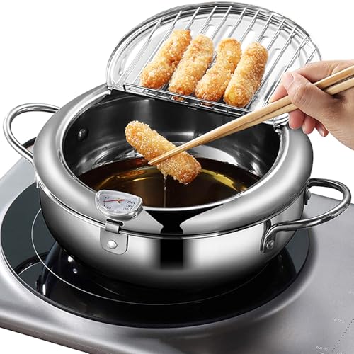 Image of Deep Fryer Pot, Japanese Tempura Small Deep Fryer Stainless Steel Frying Pot With Thermometer,Lid And Oil Drip Drainer Rack for French Fries Shrimp Chicken Wings and Shrimp (B0GYWMH79M)