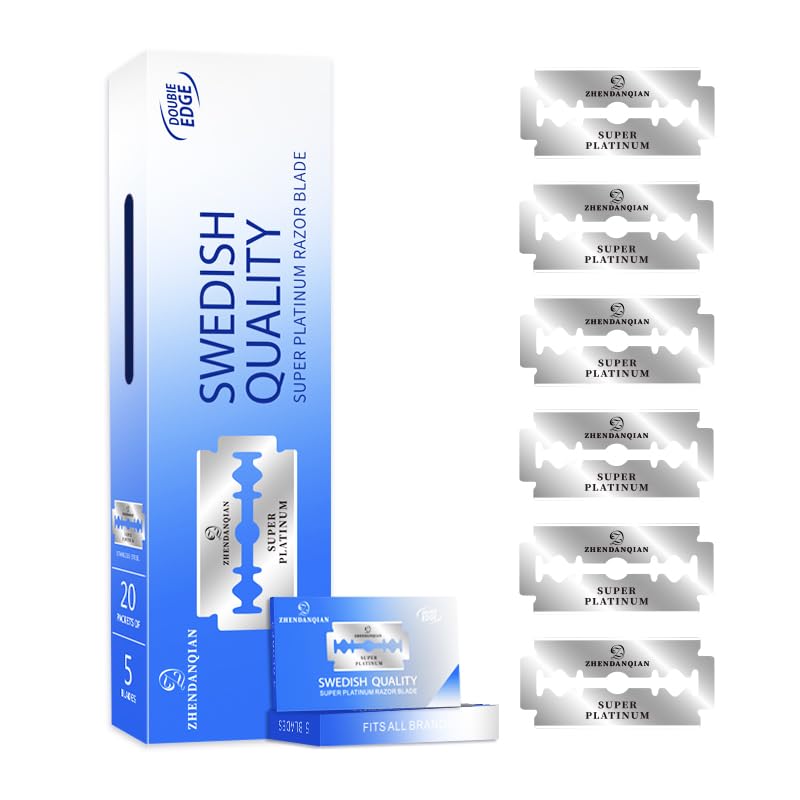 ZHENDANQIAN Super Platinum Double Edge Razor Blades, Swedish Quality, 100 Pack, Sharp Non-Irritating, 1.69 x 0.87 Inch, 6-Month Supply