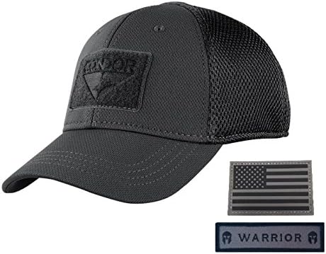 Condor Flex Mesh Cap, Black + Flag & Warrior Patch, Fitted Tactical Operator Hat