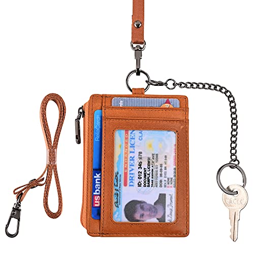 Image of kinzd Slim Minimalist Zipper Credit Card Holder Leather Front Pocket Wallet with Keychain Ring Lanyard Strap