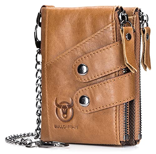 Mens Wallet with Anti-Theft Chain Genuine Leather Purse RFID Blocking Wallets Bifold Double Zipper Coin Pocket with ID Window