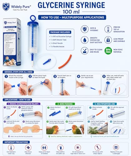 Image of Widely Pure Graduated Glycerine Syringe / Enema Syringe - Bird Animal Hand Feeding Syringe 100ml with Enema tube 12 number and round colon tip Nelton catheter / suction catheter combo pack